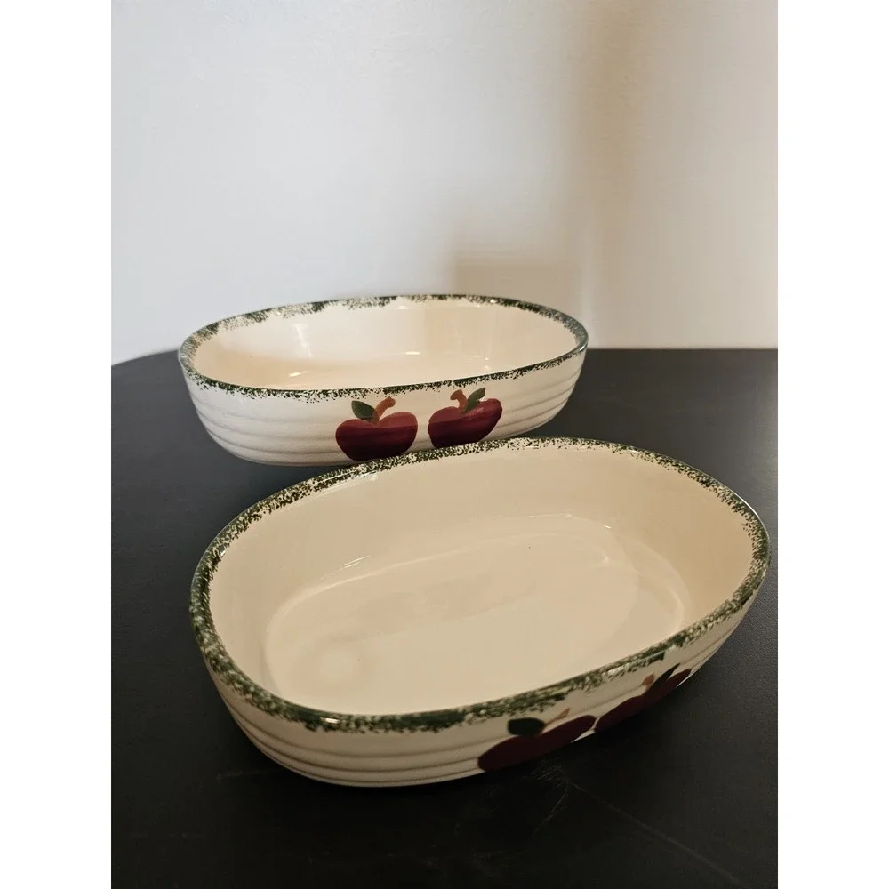 Apple Garden Ceramic Baker Bowls Set of 2 Oval Vintage Kitchen